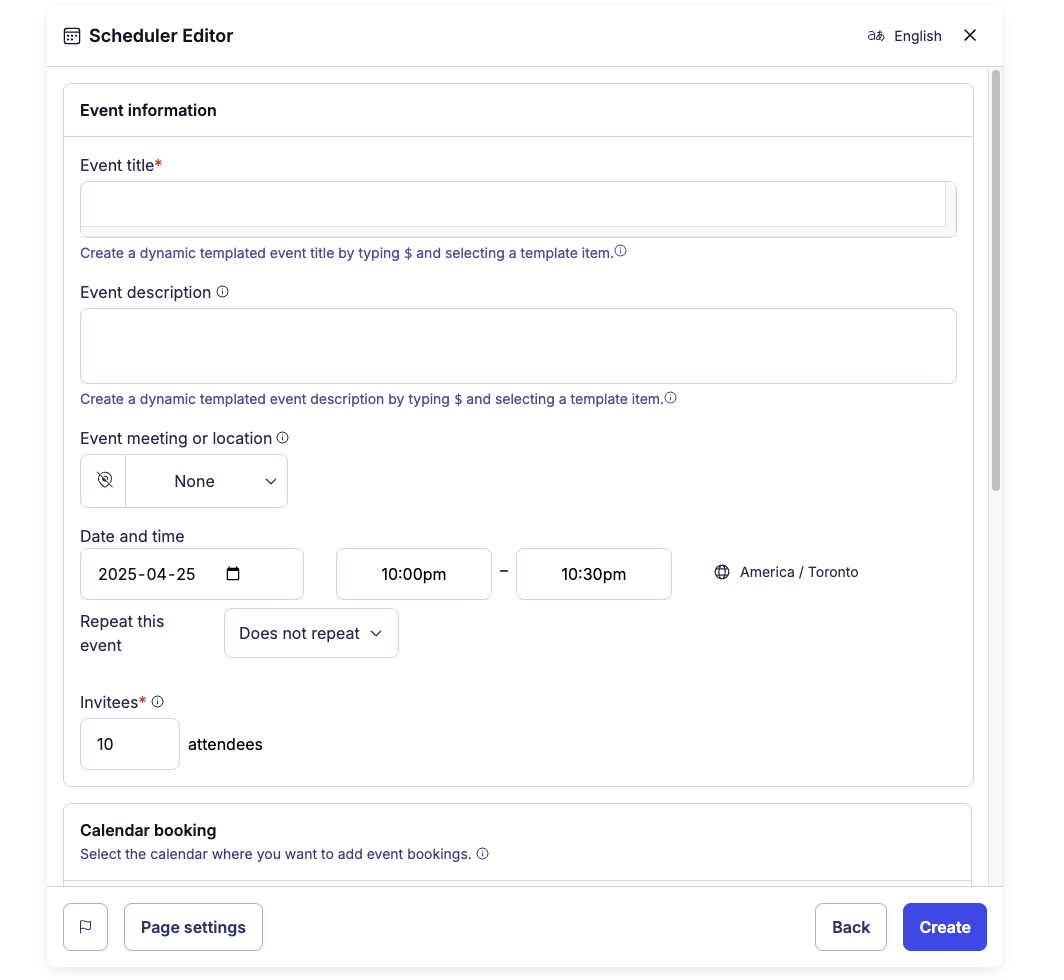 The Scheduler Editor UI displaying the Event Information screen.