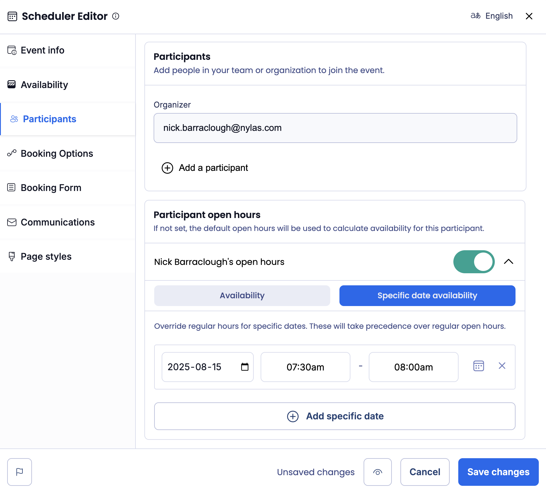 The Scheduler Editor UI displaying the Participants tab. The Open Hours settings are shown for a participant, and a Specific Date Availability slot is defined from 7:30a.m. to 8:00a.m. on August 15, 2025.