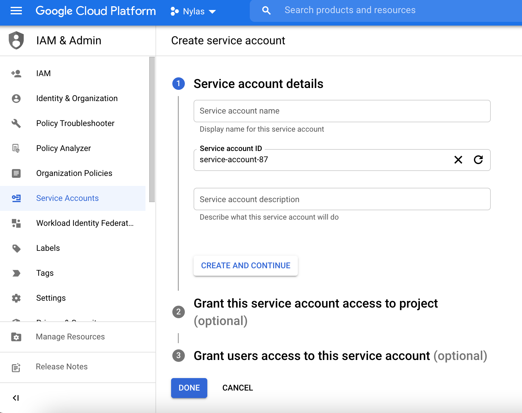 The Google Cloud Platform interface showing the "Create service account" page. The "Service account details" section is displayed, and the ID field is filled in with demo information.