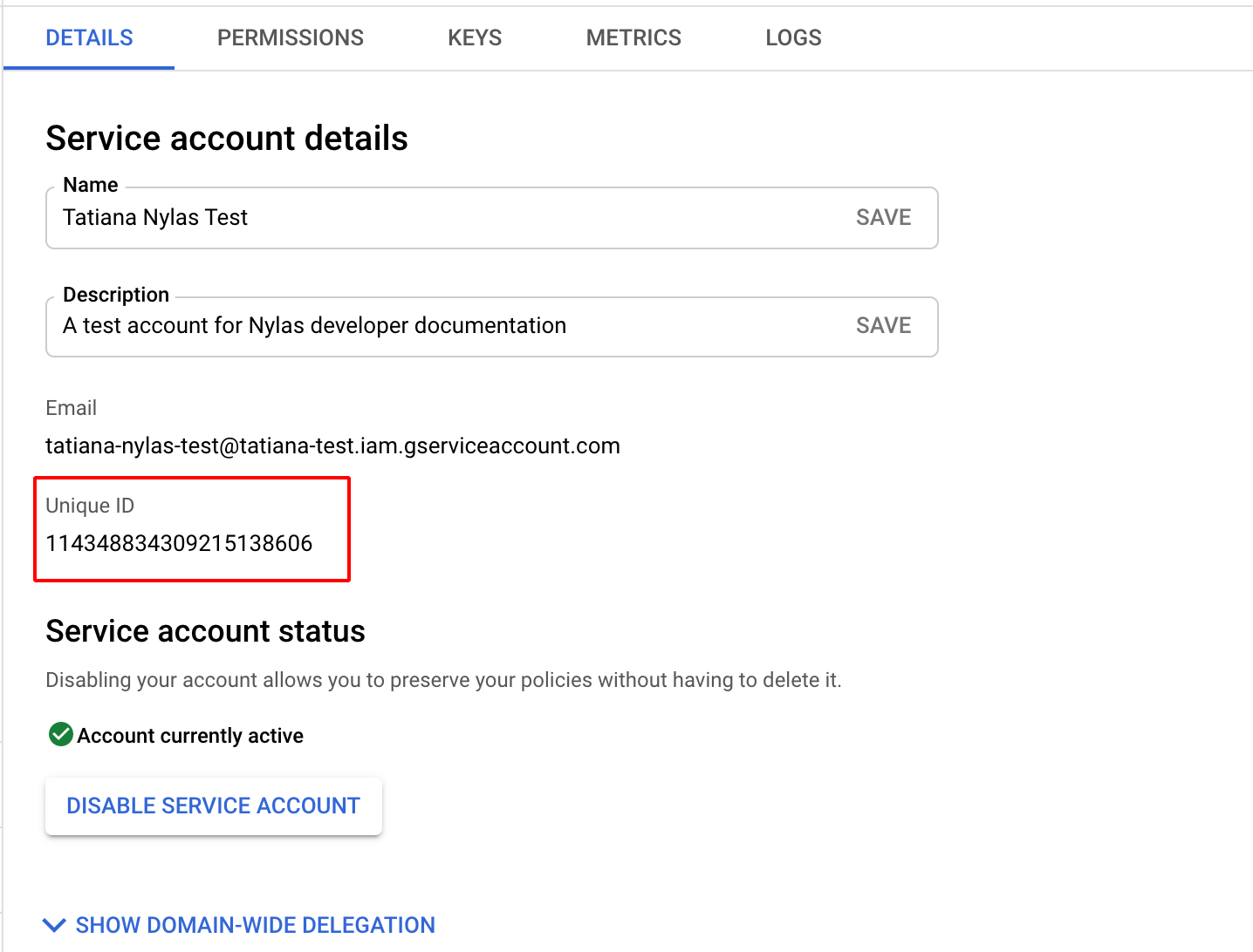 Shows the Google Service Account details page with the client ID highlighted.