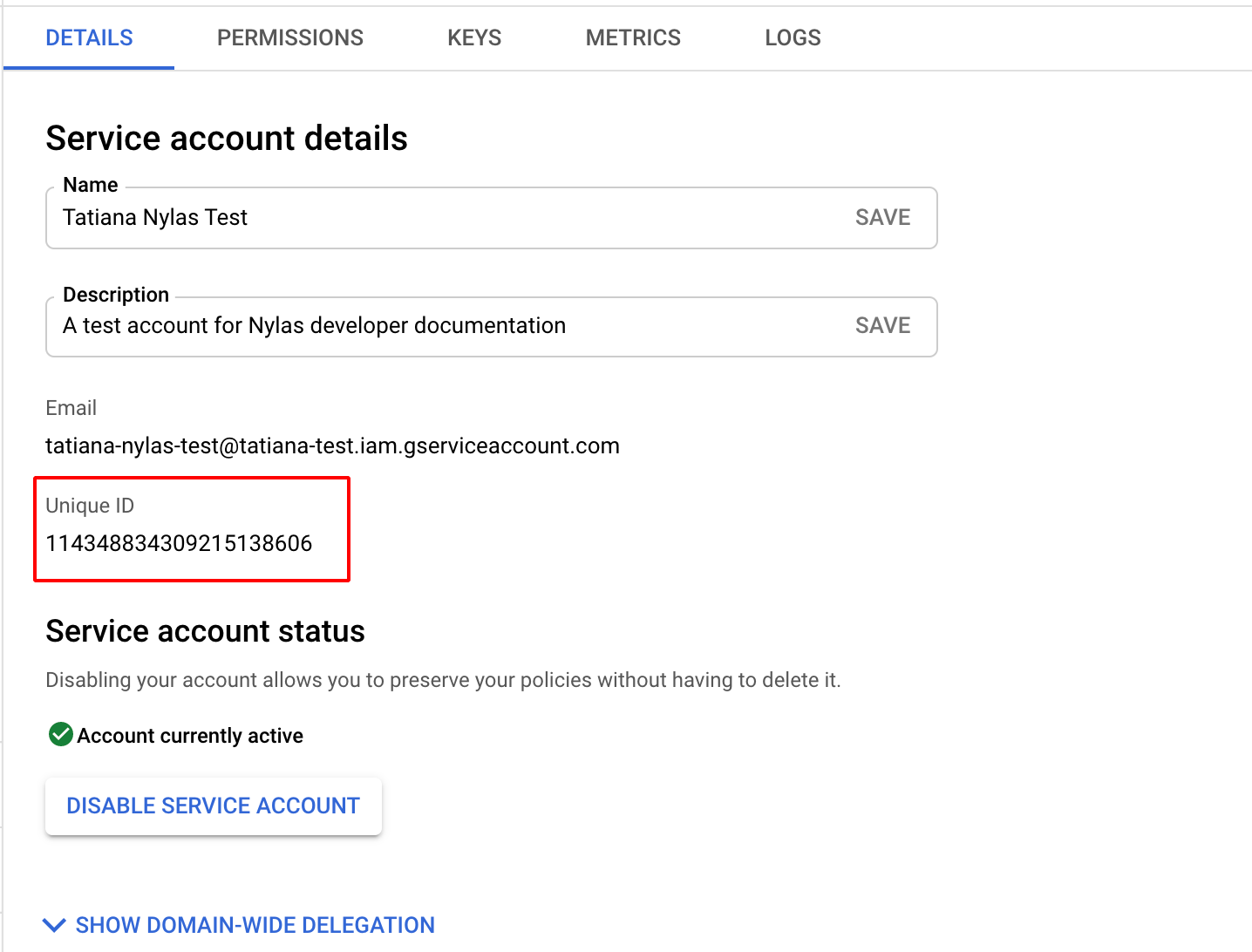 A close-up of the Google Cloud Platform interface. The "Details" page for an application is shown, and the "Unique ID" field is circled in red.