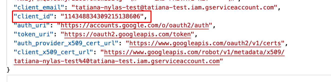 Shows the Google service account keys JSON download with the client ID highlighted.