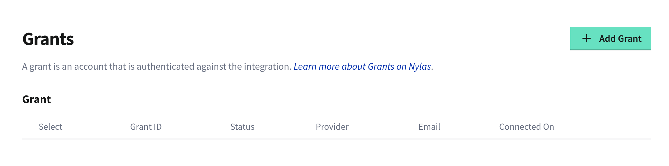 Nylas dashboard opened to Grants page.