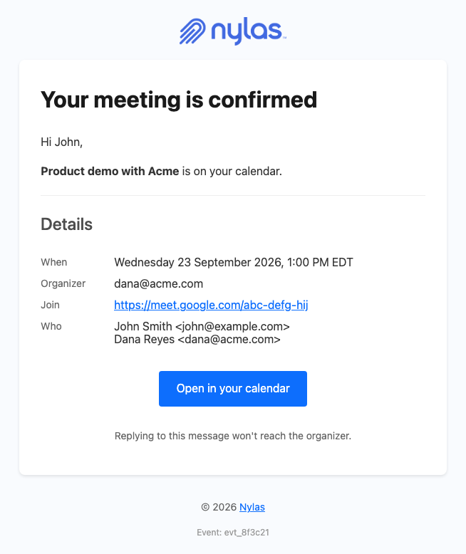 A branded meeting confirmation email showing the meeting title, start time in the attendee's timezone, organizer, join link, and attendee list