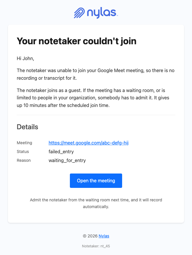 An email telling the host the Notetaker couldn't join, explaining the waiting room cause, with the meeting link, status, and reason