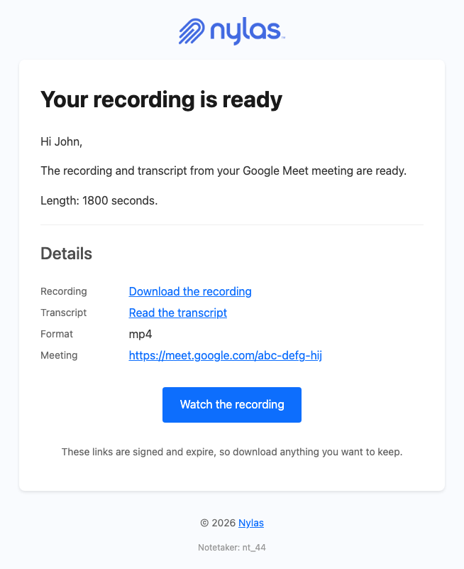 An email announcing the recording is ready, with download links for the recording and transcript, the file format, and a watch button