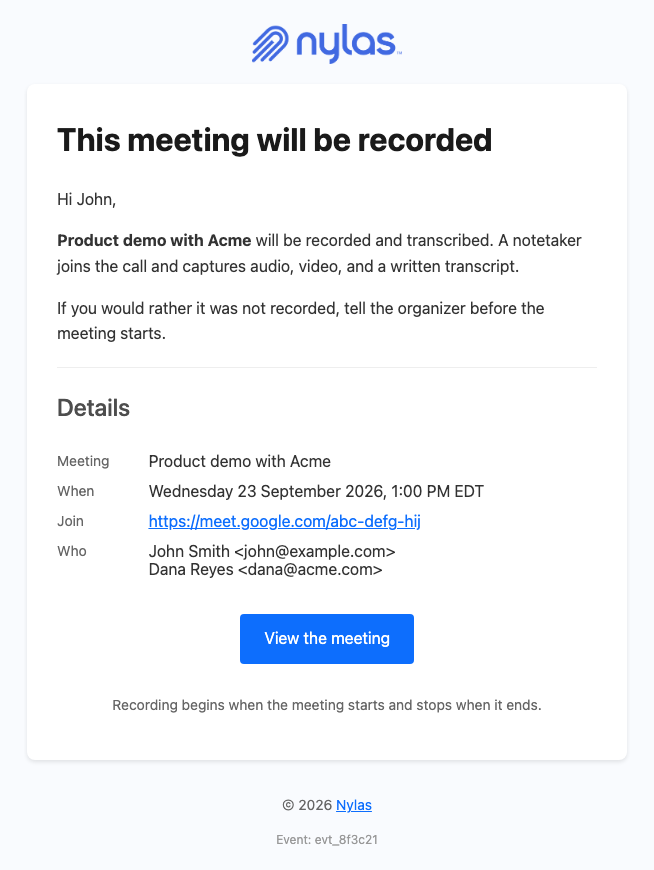 A meeting notice email stating the meeting will be recorded and transcribed, with the start time, join link, and attendee list