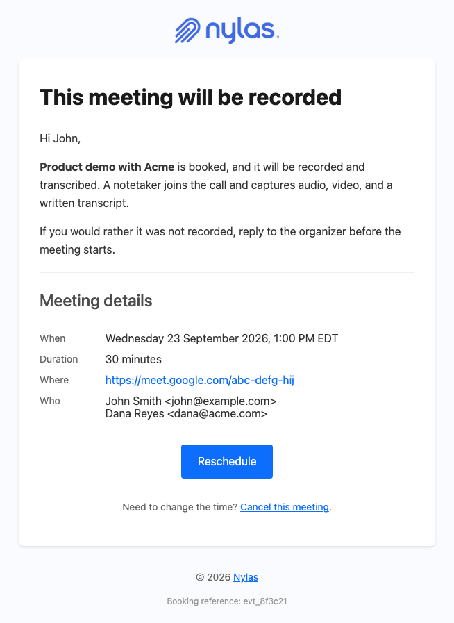 A meeting confirmation email stating the meeting will be recorded and transcribed, with the meeting details and a reschedule button