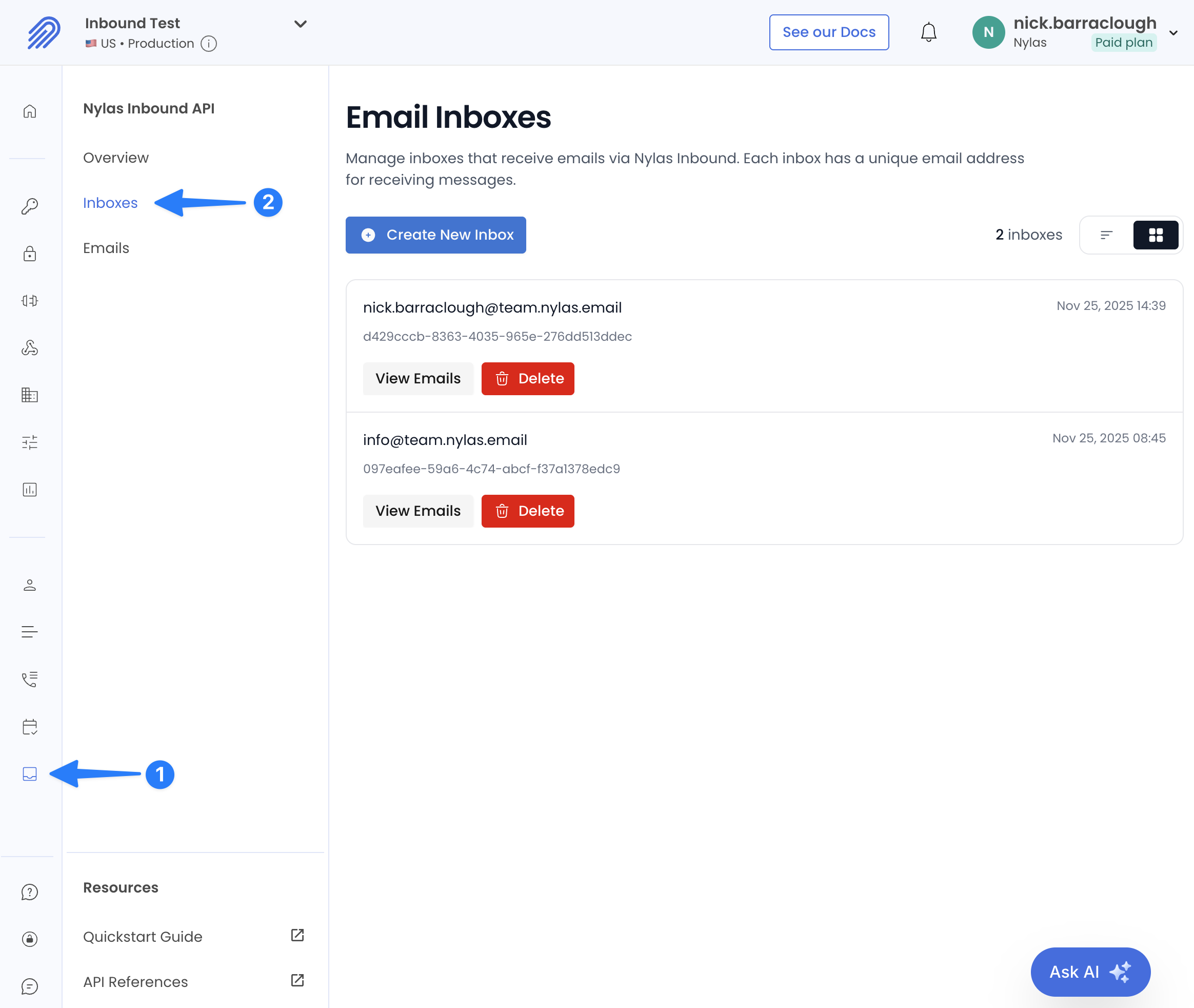 Screenshot of the Nylas Dashboard showing how to create and view inboxes