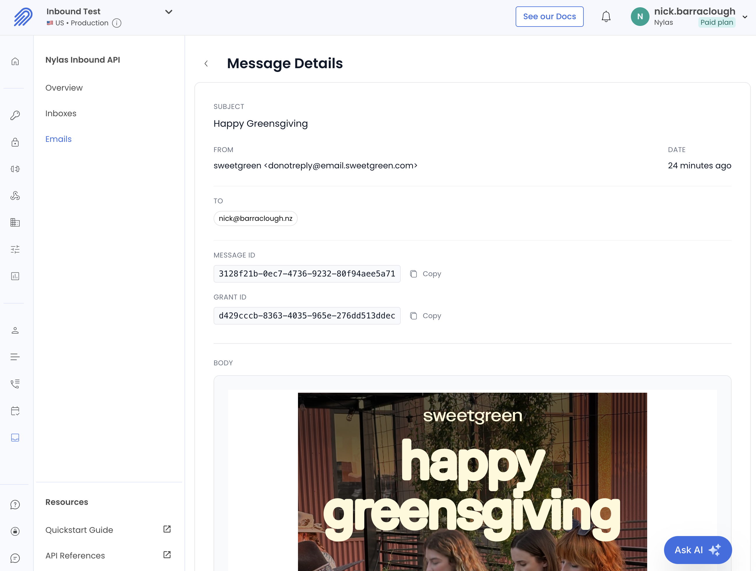 Screenshot of the Nylas Dashboard showing a sample email