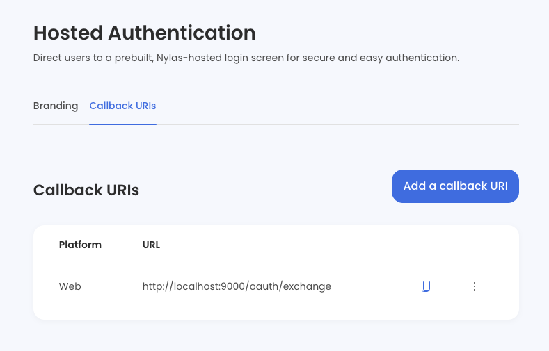 Hosted authentication screen showing the Callback URIs tab, and a freshly added entry for a localhost callback URI.