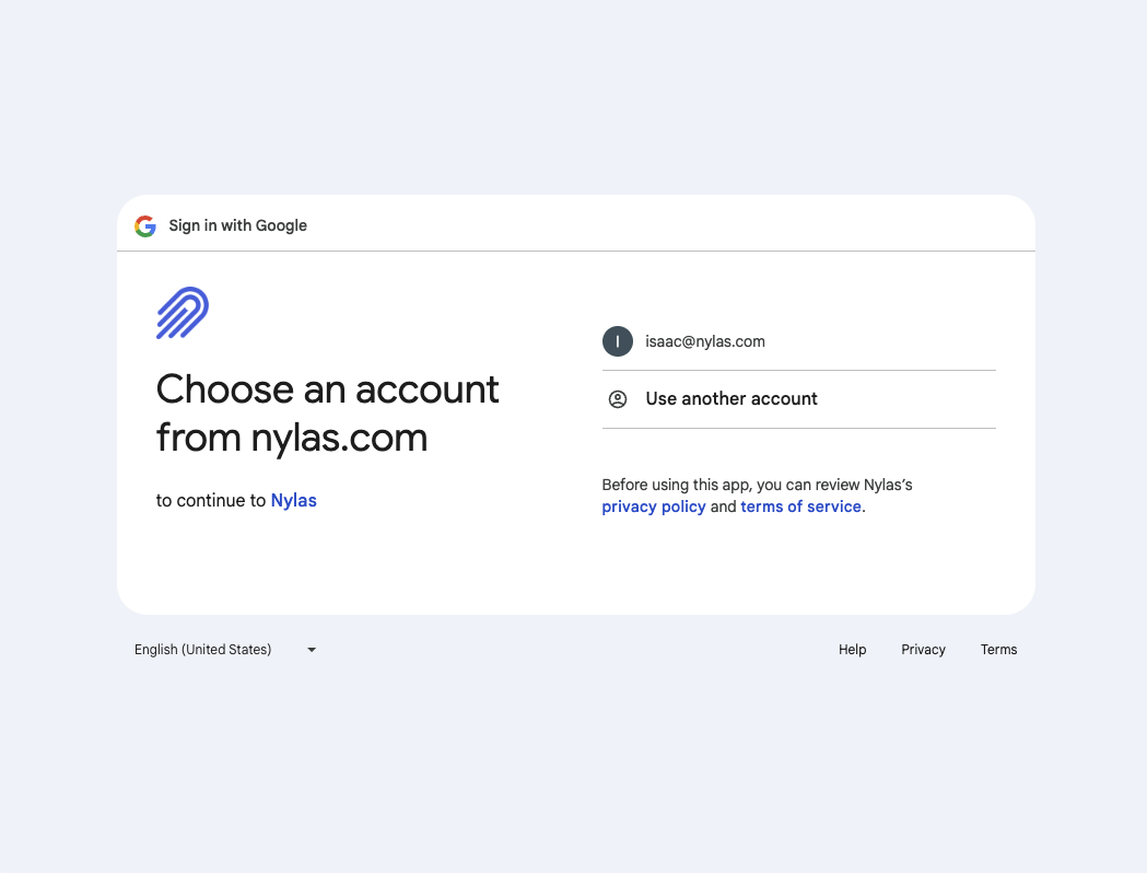 Example of Nylas hosted authentication experience, showing what the end-user will see