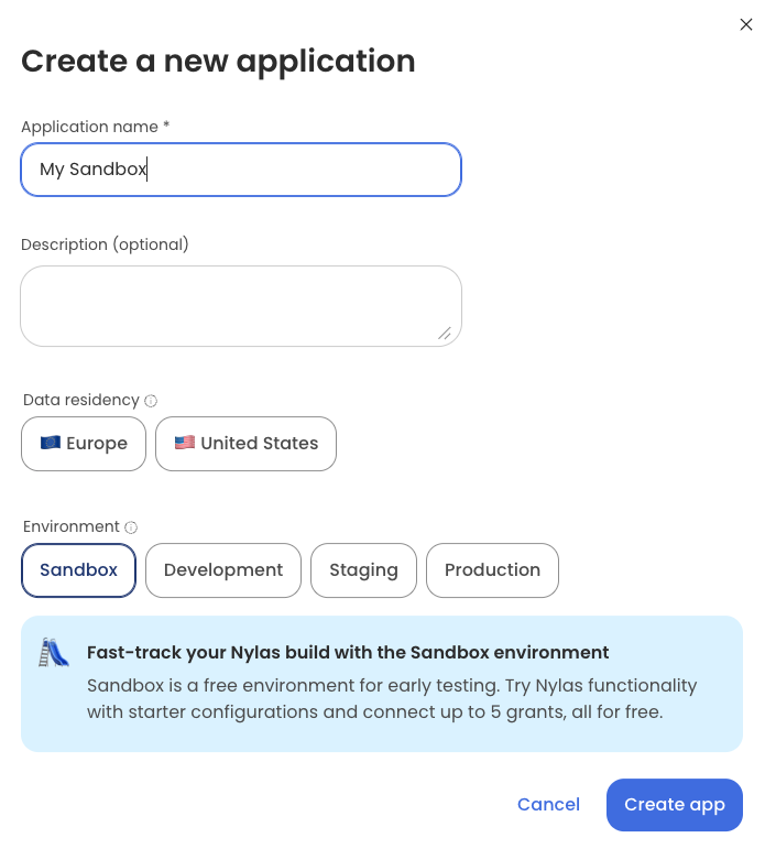 The Nylas v3 Dashboard showing the create a new application dialog. The form is filled out with My Sandbox as the title, and the selected application type is Sandbox.