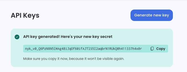 A freshly generated API key showing its secret for the first and only time. It is a fake API key secret for those of you who read this text.