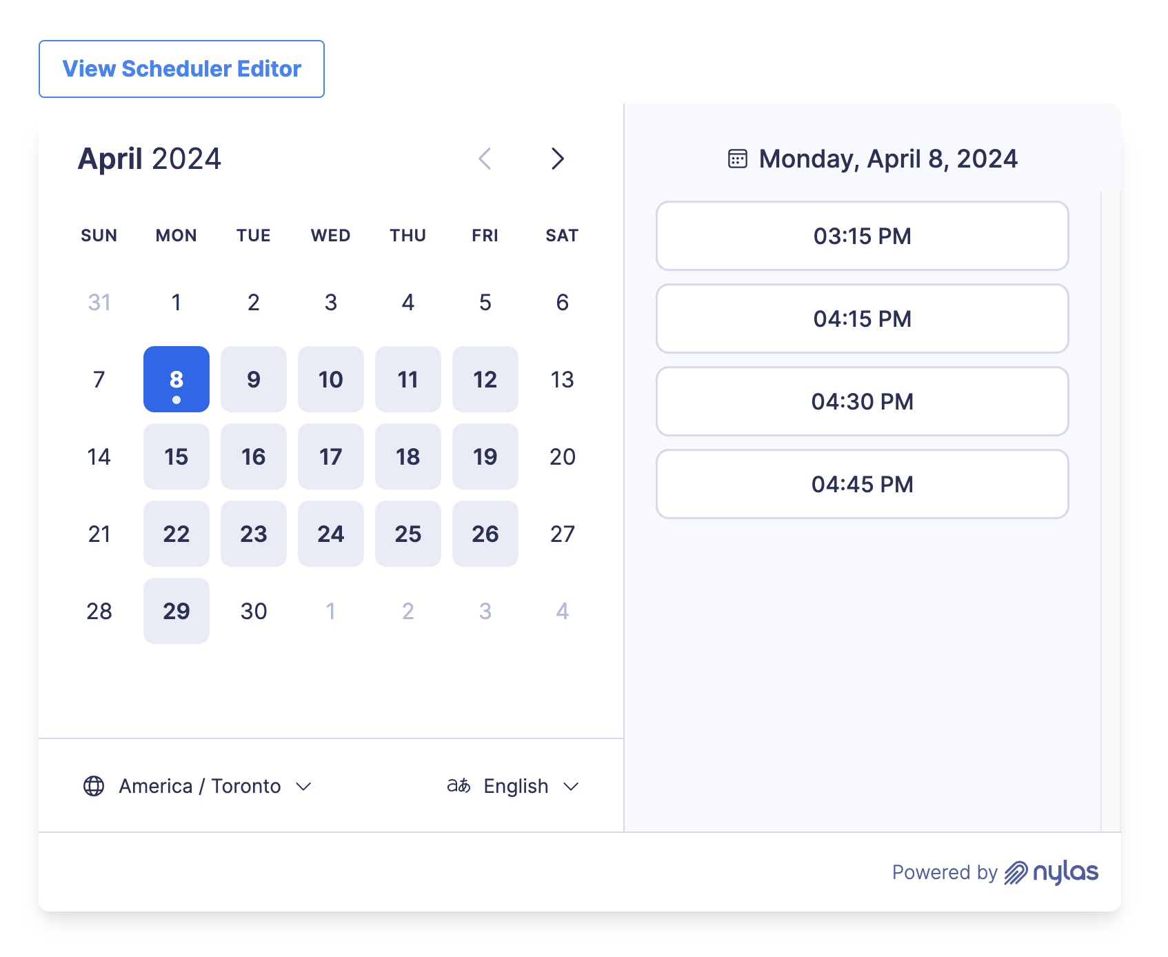 A screen showing the Nylas scheduling component